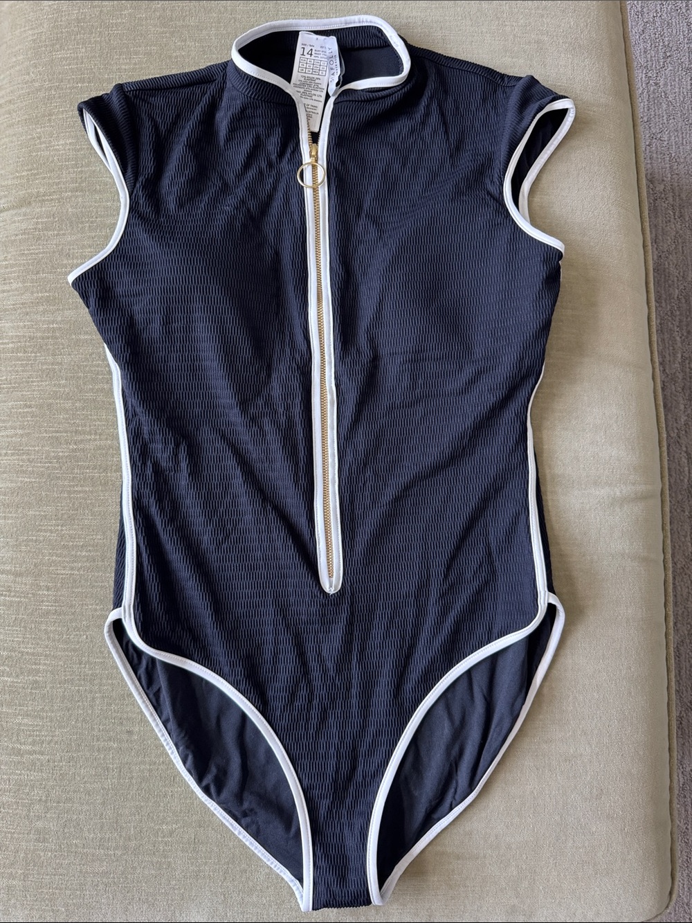 Seafolly Black Ribbed One-Piece with White Trim and Gold Zip